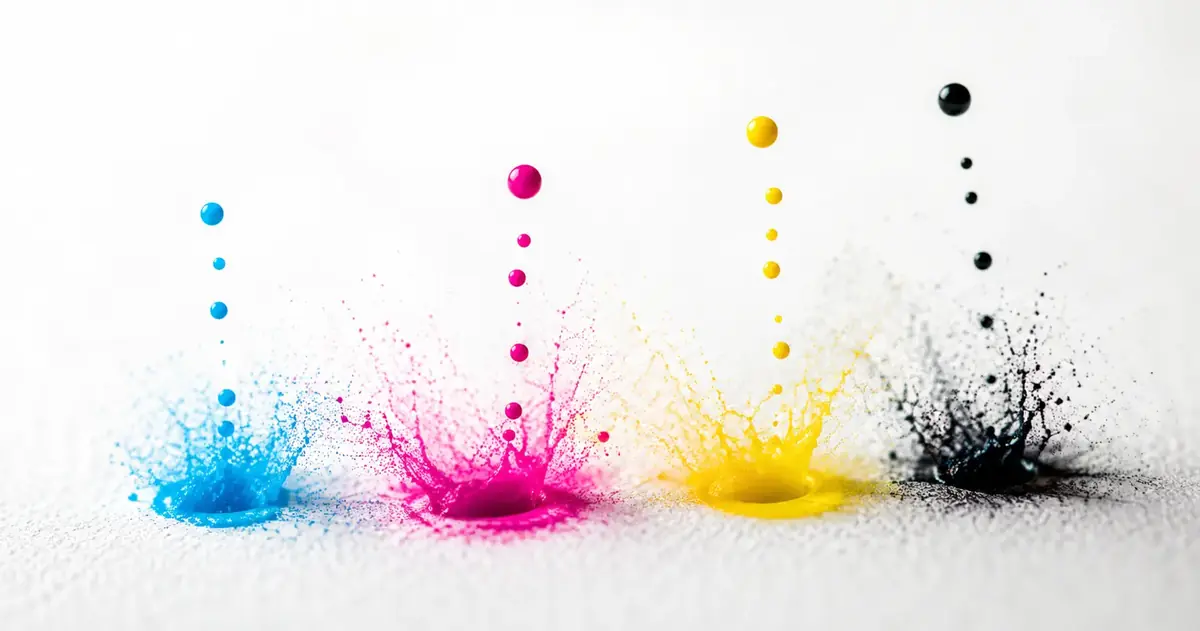 CMYK-Farbspritzer – Cyan, Magenta, Gelb und Schwarz auf Papier
