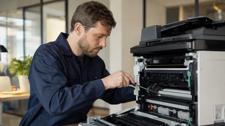 Symbolbild: Geöffneter Büro-Laserdrucker bei der Reparatur – Einzugswalzen und Fixiereinheit sichtbar