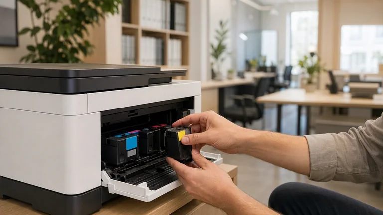 Symbolbild: Business-Inkjet-Drucker wird mit frischer Tinte bestückt