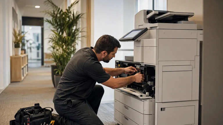 Symbolbild: Techniker wartet ein Multifunktions-Kopiersystem im Büro