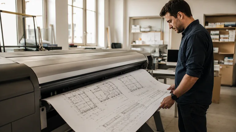 Symbolbild: Großformatplotter druckt einen CAD-Bauplan, Techniker prüft die Ausgabe