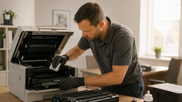 Symbolbild: Techniker reinigt das Geräteinnere eines Druckers, Tonerkassetten bereitgelegt
