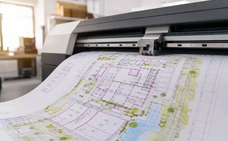 Großformat-Plotter druckt farbigen CAD-Plan