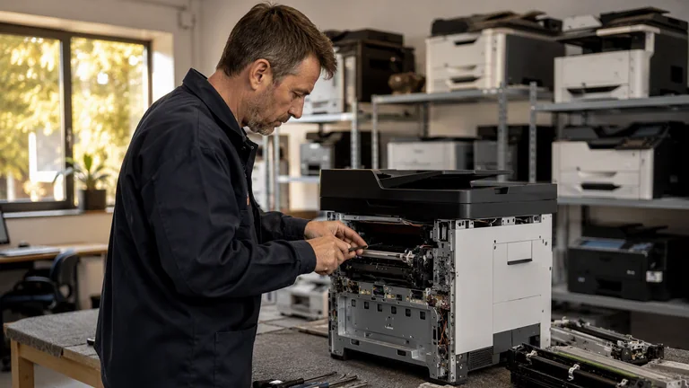Symbolbild: Techniker repariert einen Multifunktionsdrucker in einer Werkstatt