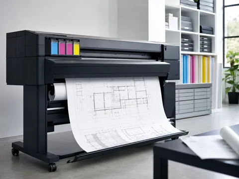 Großformatdrucker mit CMYK-Tinten druckt einen Bauplan