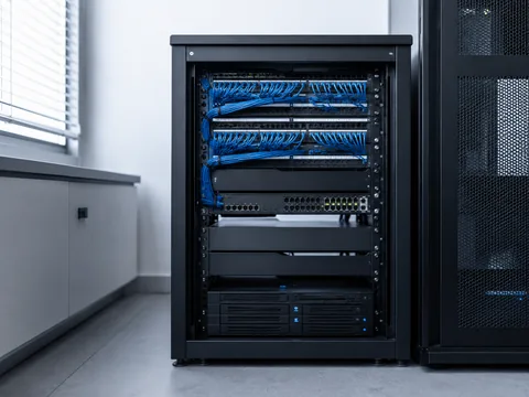 Aufgeräumtes Server-Rack mit sauber verlegten Netzwerkkabeln