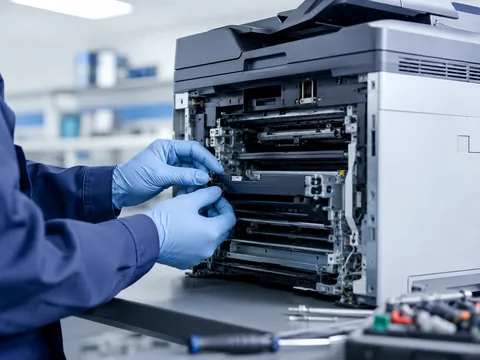 Symbolbild: Techniker repariert ein Multifunktionssystem in einer Werkstatt